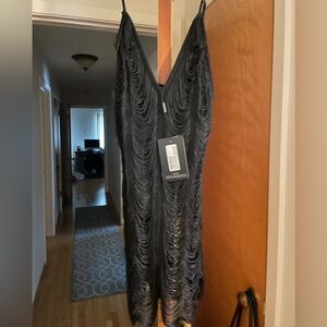 prettylittle thing black fringe mini dress NWT size 8